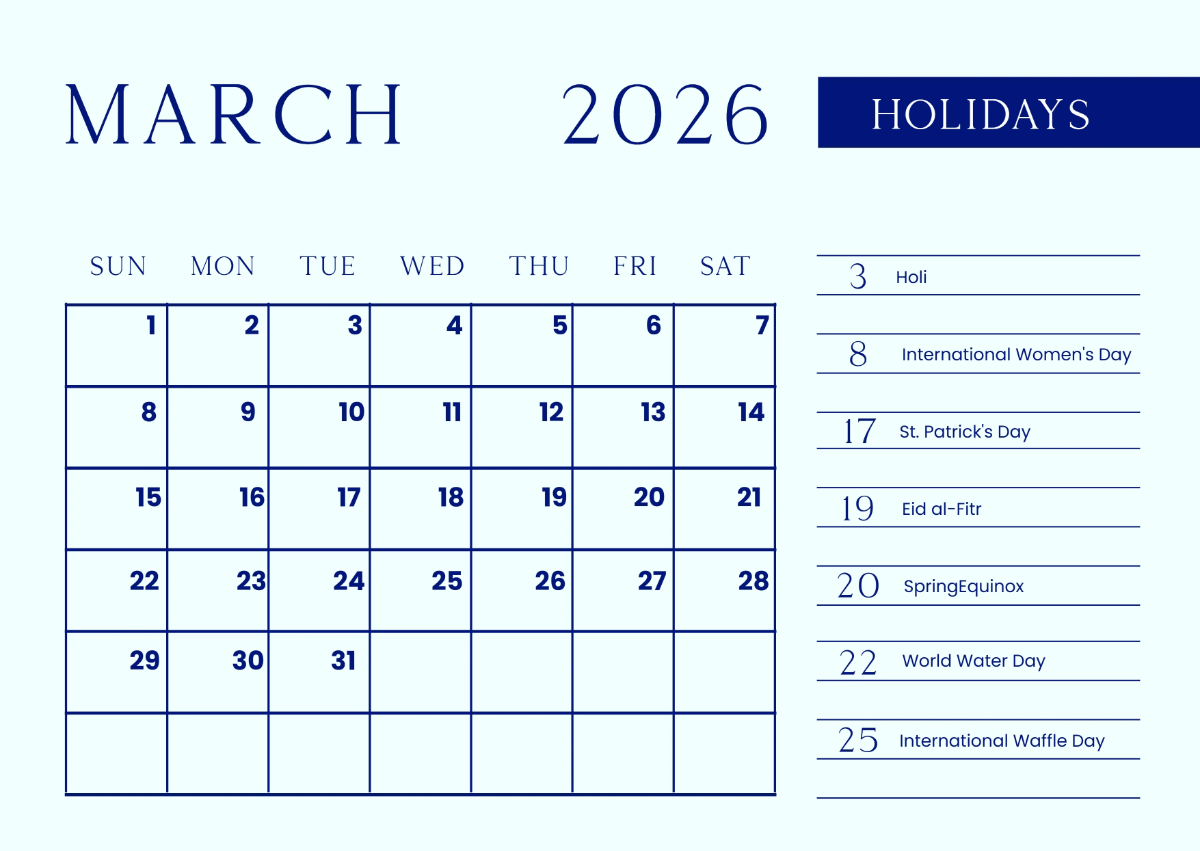 Free March 2026 Calendar With Holidays Template to Edit Online