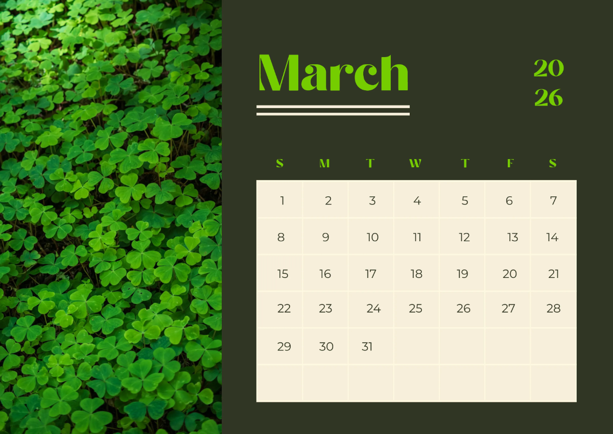 Free Clover March 2026 Calendar Template to Edit Online