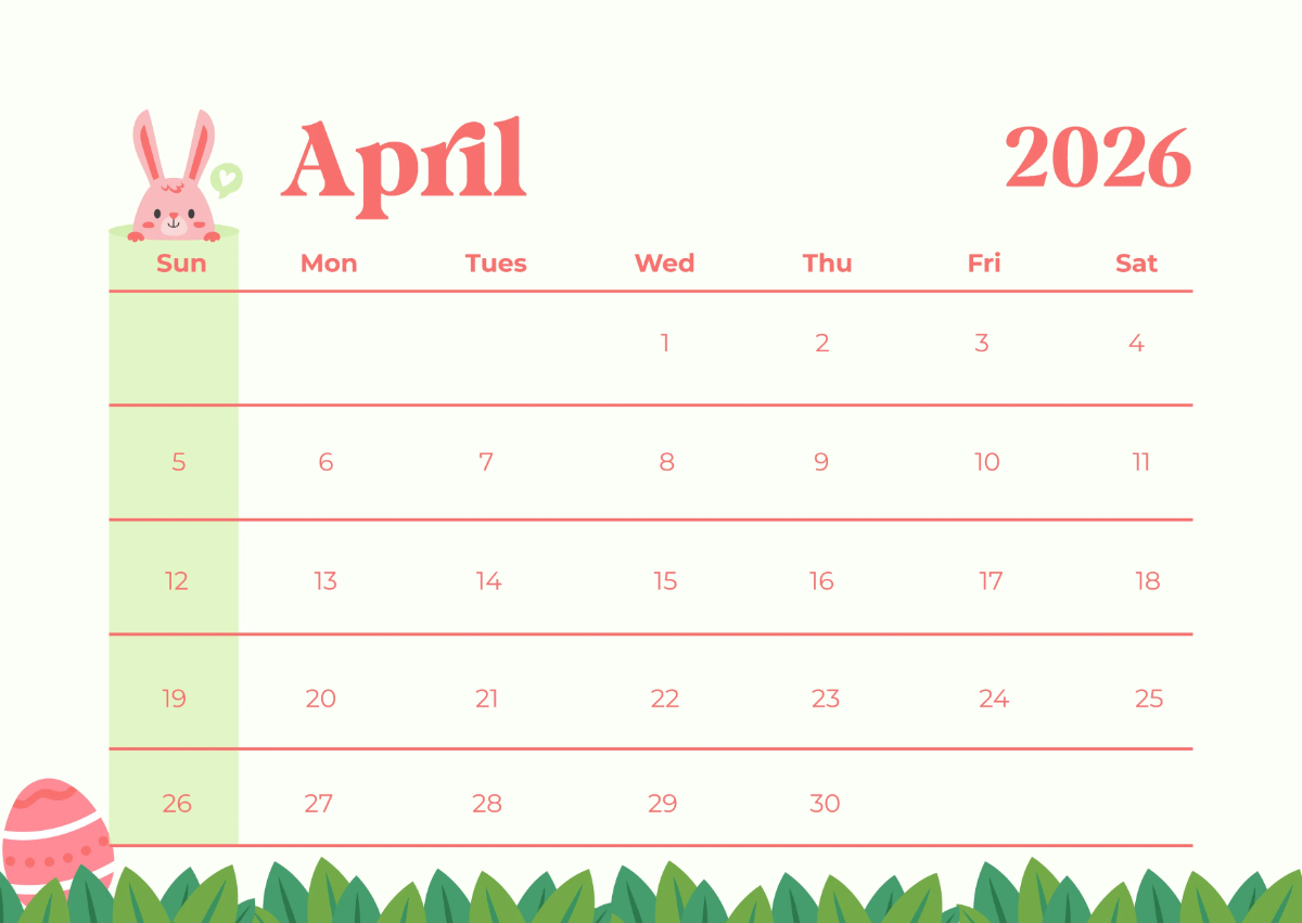 Easter Themed April 2026 Calendar Template Easter Themed April 2026 Calendar Template