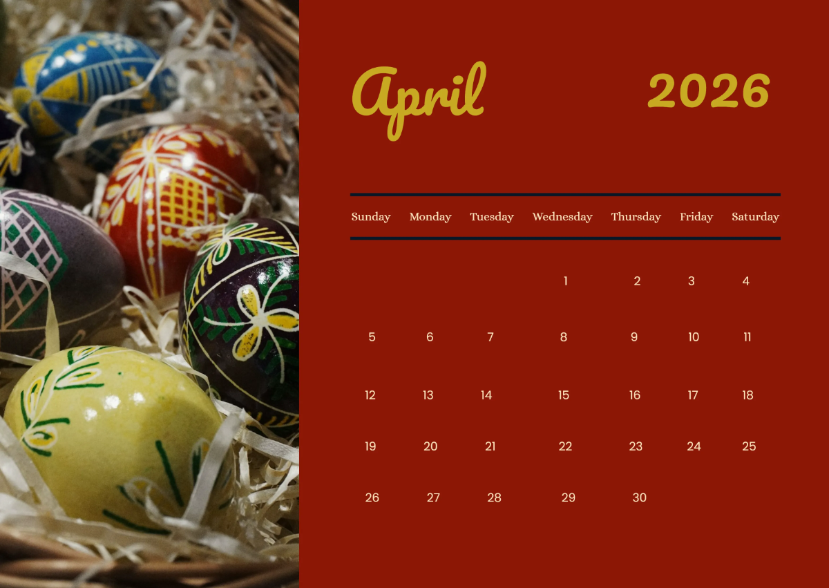 Free Festive April 2026 Calendar Template to Edit Online