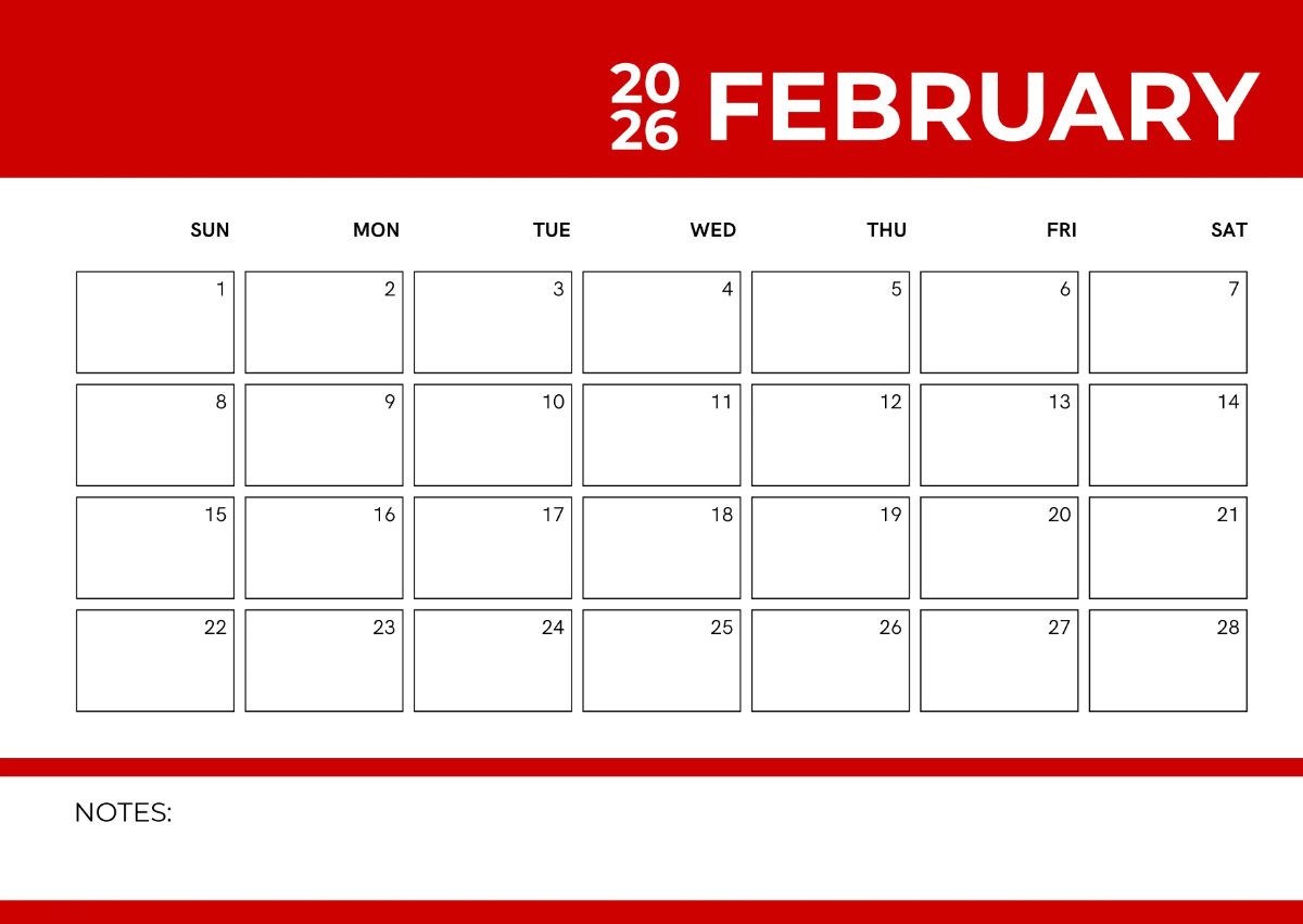 Free Blank February 2026 Calendar Template to Edit Online