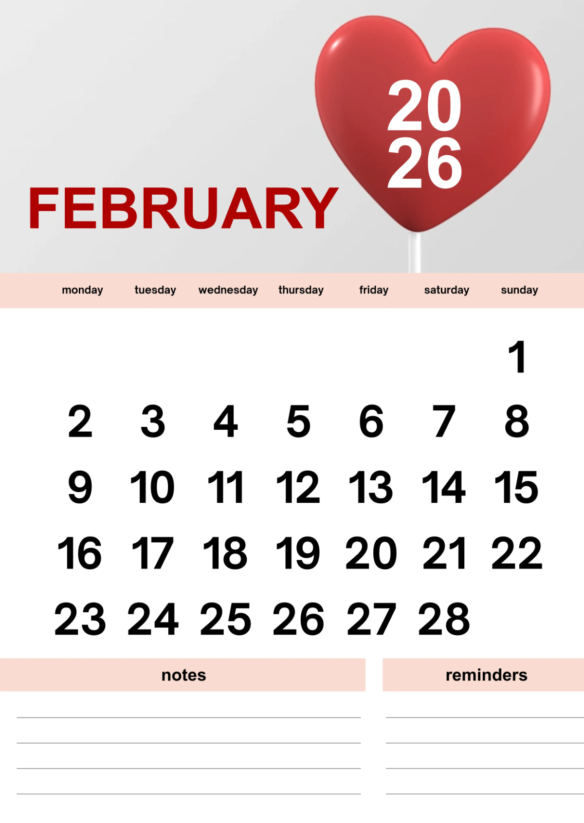Free Classic February 2026 Calendar Template to Edit Online