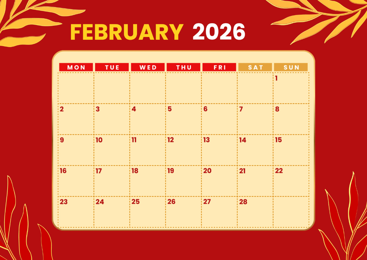 Free Red and Gold February 2026 Calendar Template to Edit Online