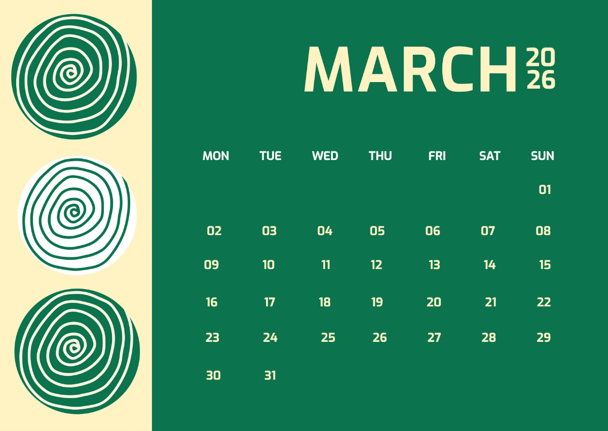 Free Green March 2026 Calendar Template to Edit Online