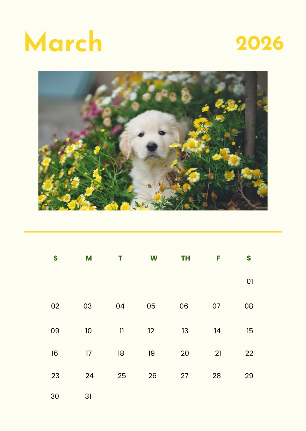 Free Puppy March 2026 Calendar Template to Edit Online