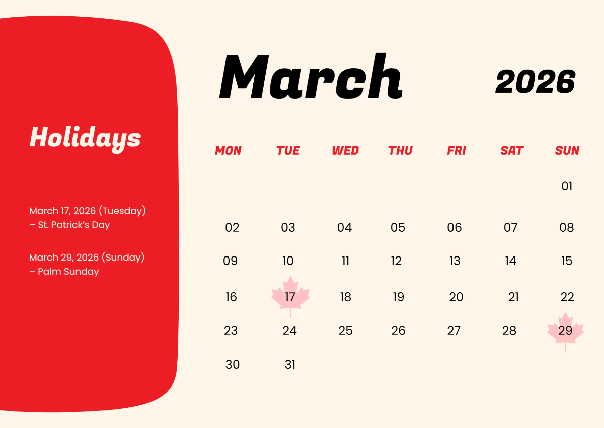 Free March 2026 Canada Holidays Calendar Template to Edit Online