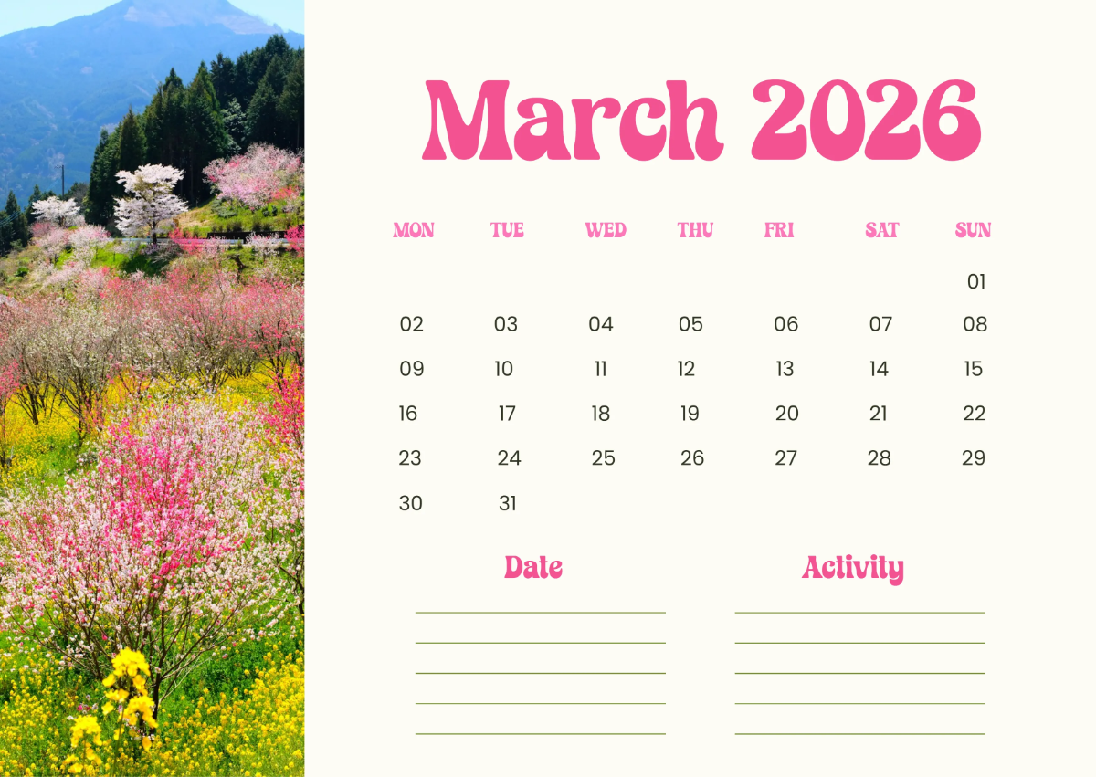 Free March 2026 Activity Calendar Template to Edit Online