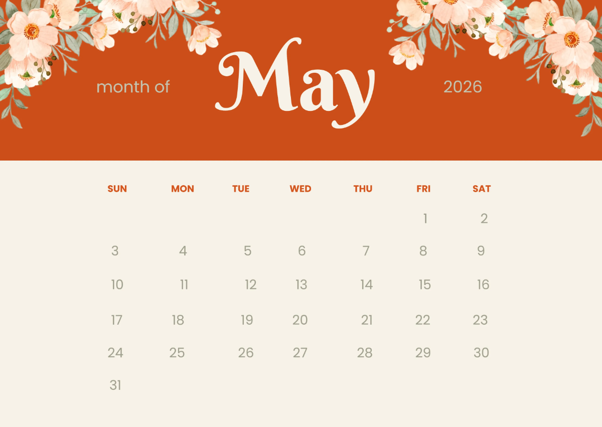 Free Floral May 2026 Calendar Template to Edit Online