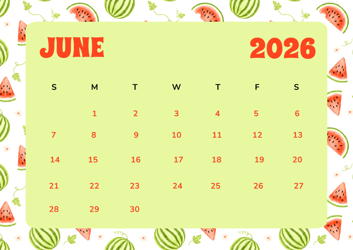 Free June 2026 Watermelon Calendar Template to Edit Online