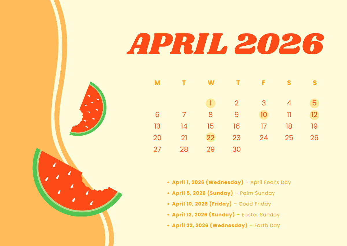 Free April 2026 Holidays Calendar Template to Edit Online