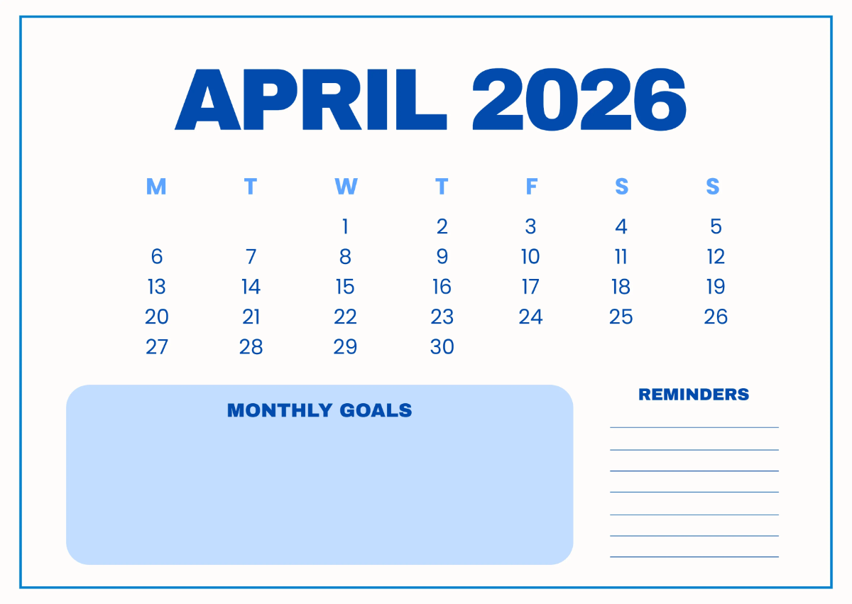 Free April 2026 Goals Calendar Template to Edit Online Free April 2026 Goals Calendar Template to Edit Online