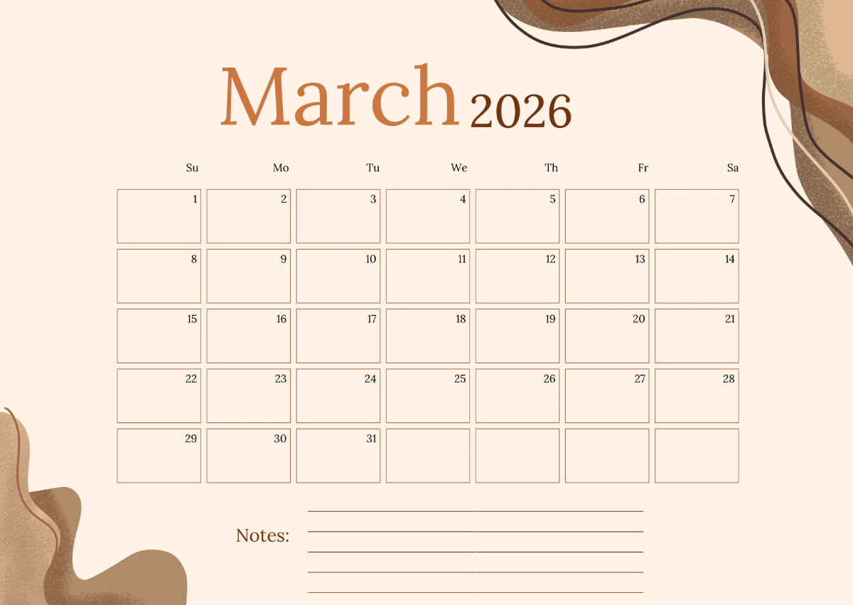 Aesthetic March 2026 Calendar Template to Download