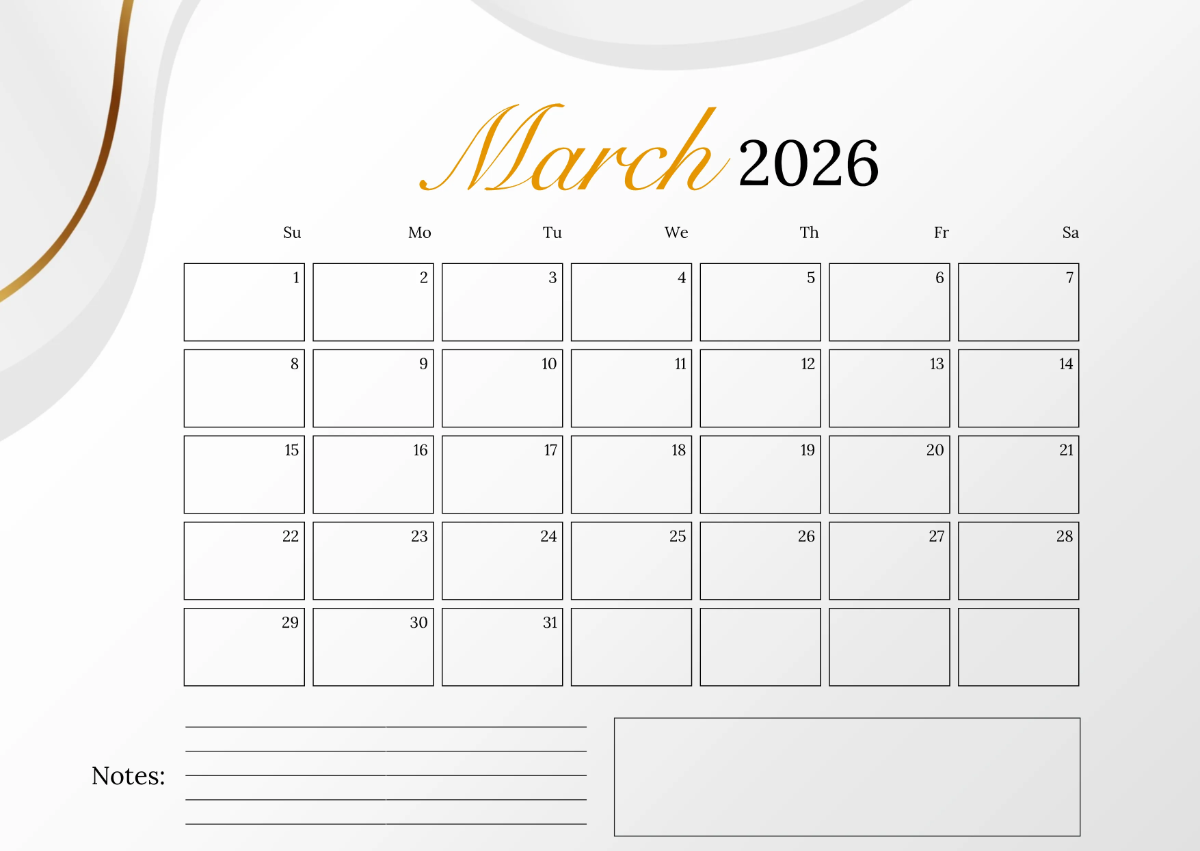 Free Elegant March 2026 Calendar Template to Edit Online