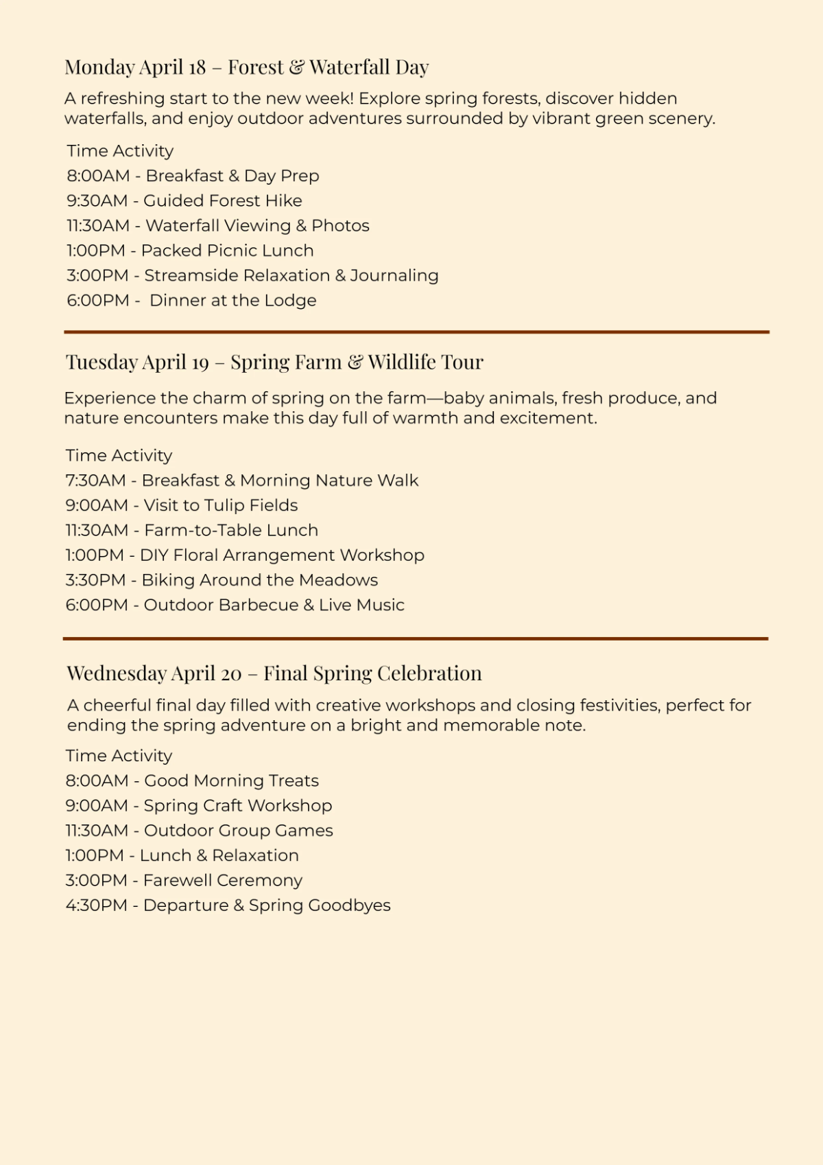 Free Spring Itinerary Template to Edit Online
