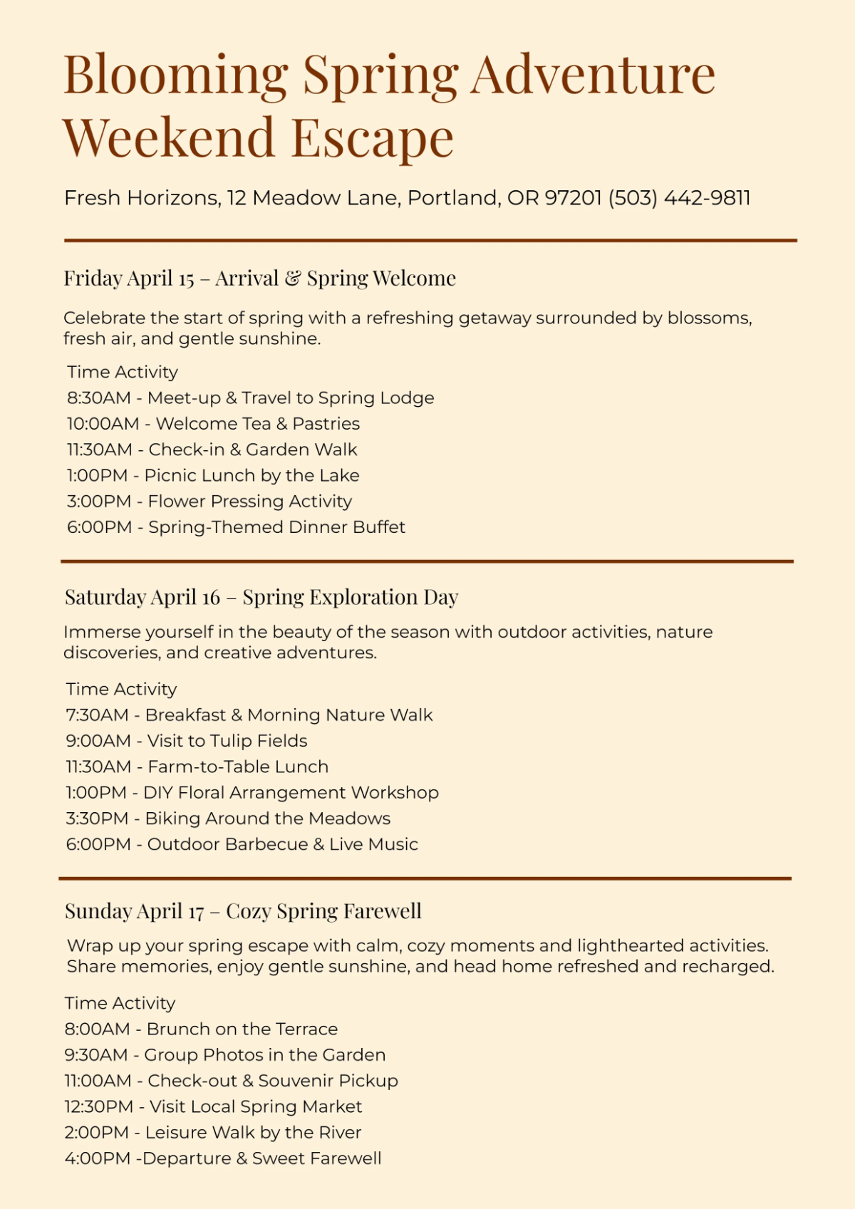 Free Spring Itinerary Template to Edit Online