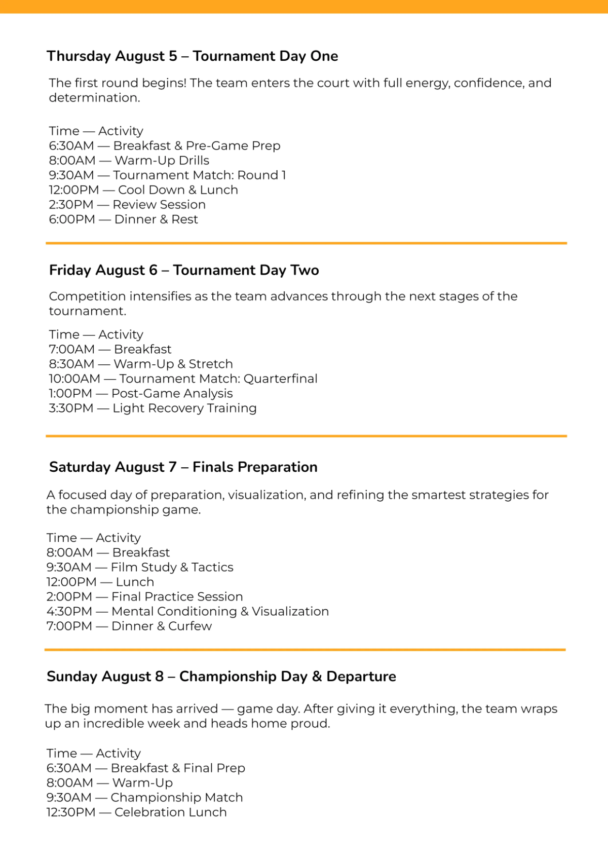 Free Sports Team Itinerary Template to Edit Online