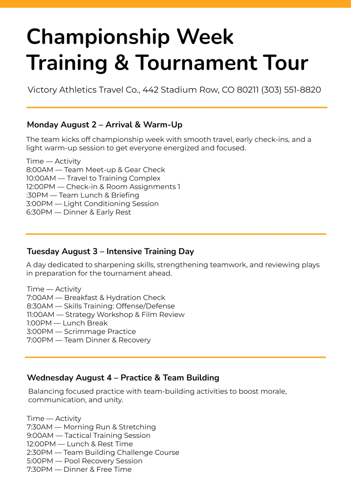 Free Sports Team Itinerary Template to Edit Online