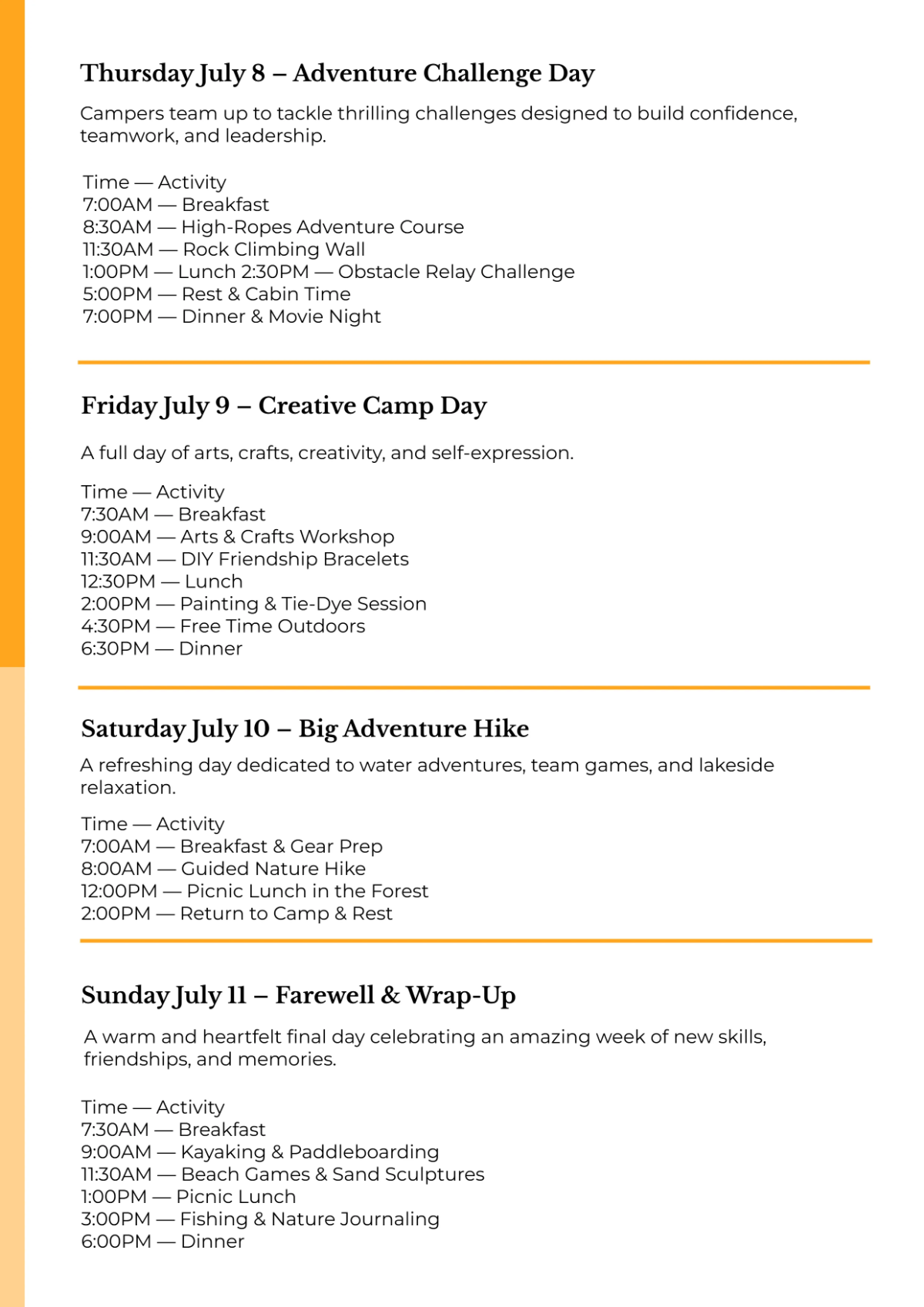 Free Summer Camp Itinerary Template to Edit Online