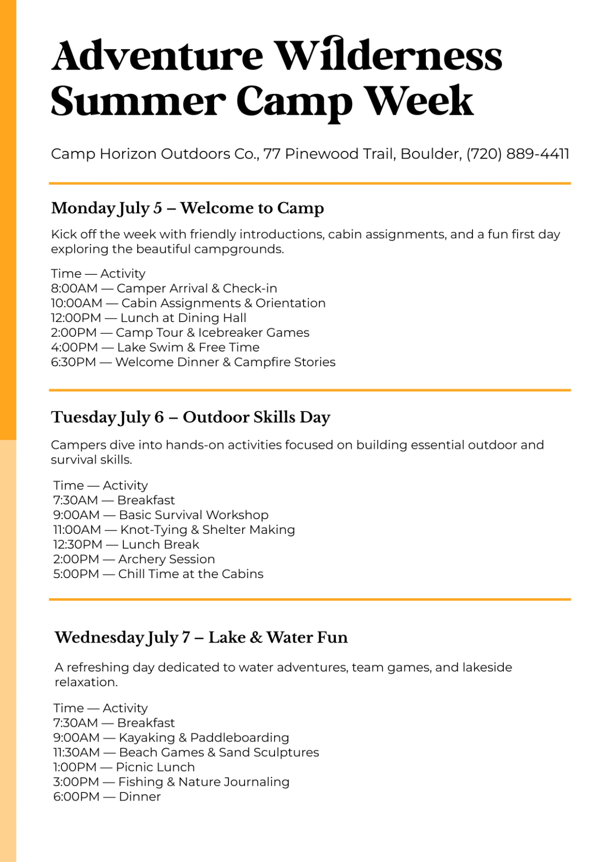 Summer Camp Itinerary Template Summer Camp Itinerary Template