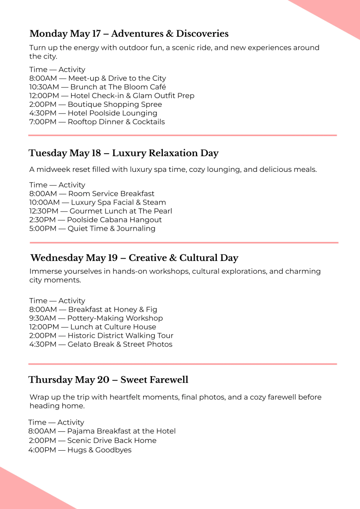 Free Girls Trip Itinerary Template to Edit Online