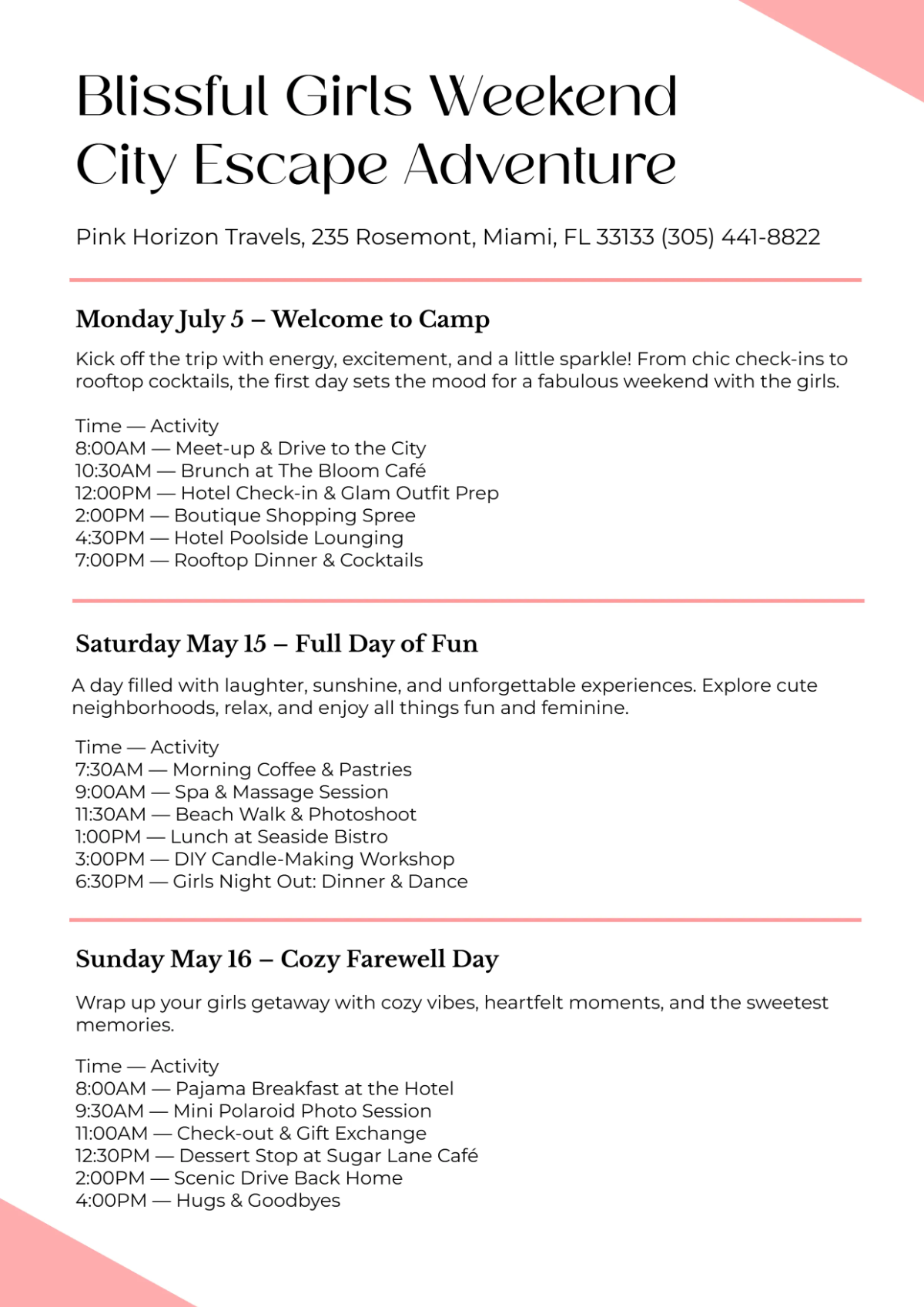 Girls Trip Itinerary Template Girls Trip Itinerary Template