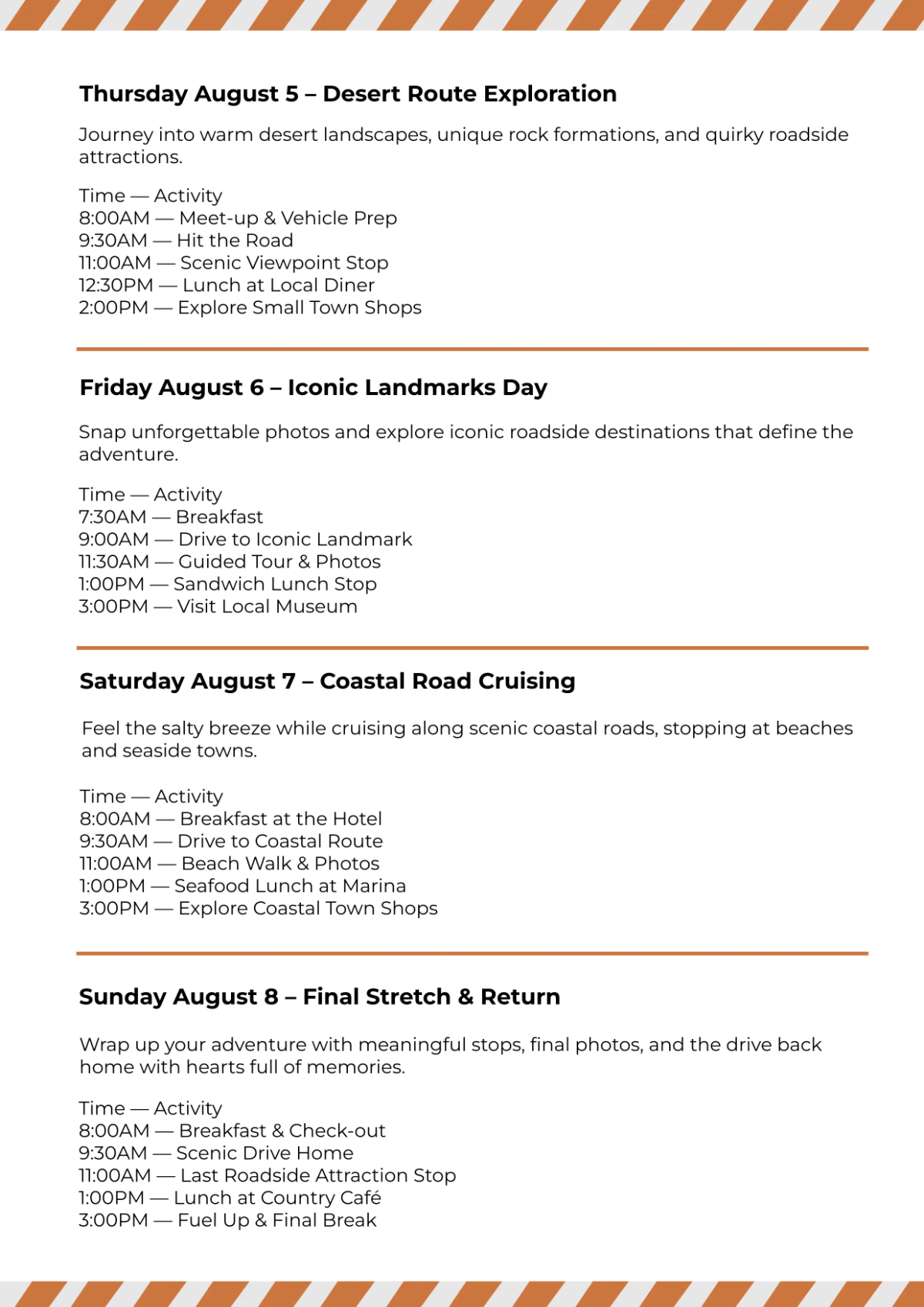 Free Roadside Adventure Itinerary Template to Edit Online