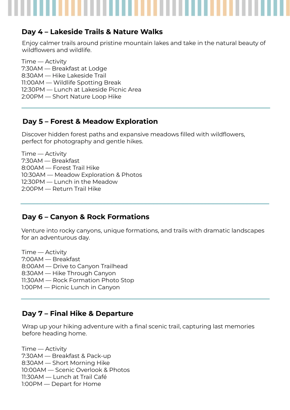 Free Outdoor Hiking Itinerary Template to Edit Online