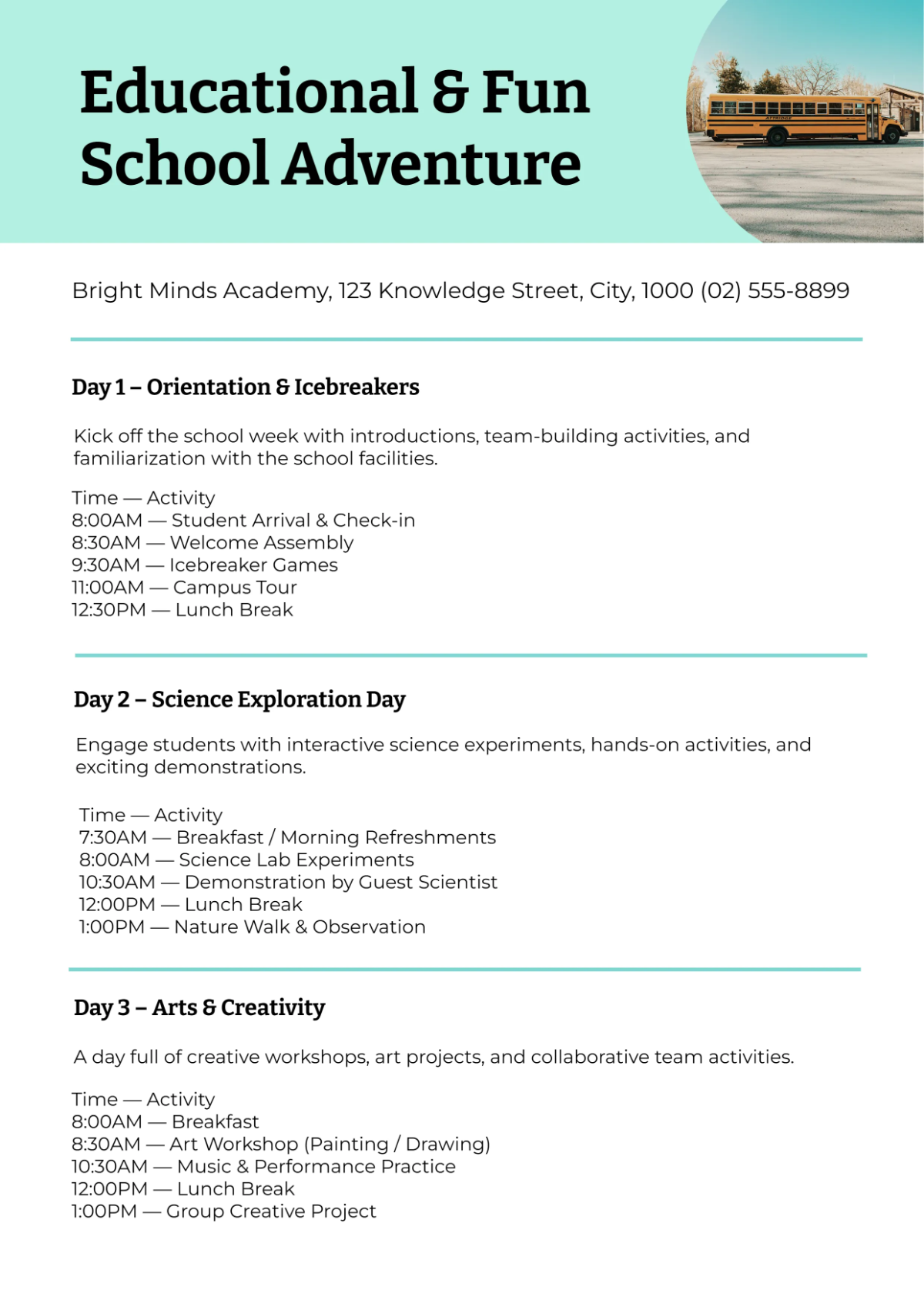 Free School Itinerary Template to Edit Online