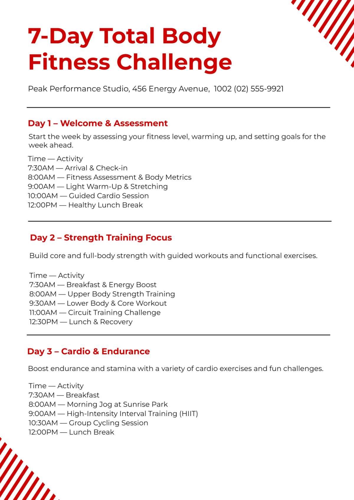 Free Fitness Itinerary Template to Edit Online