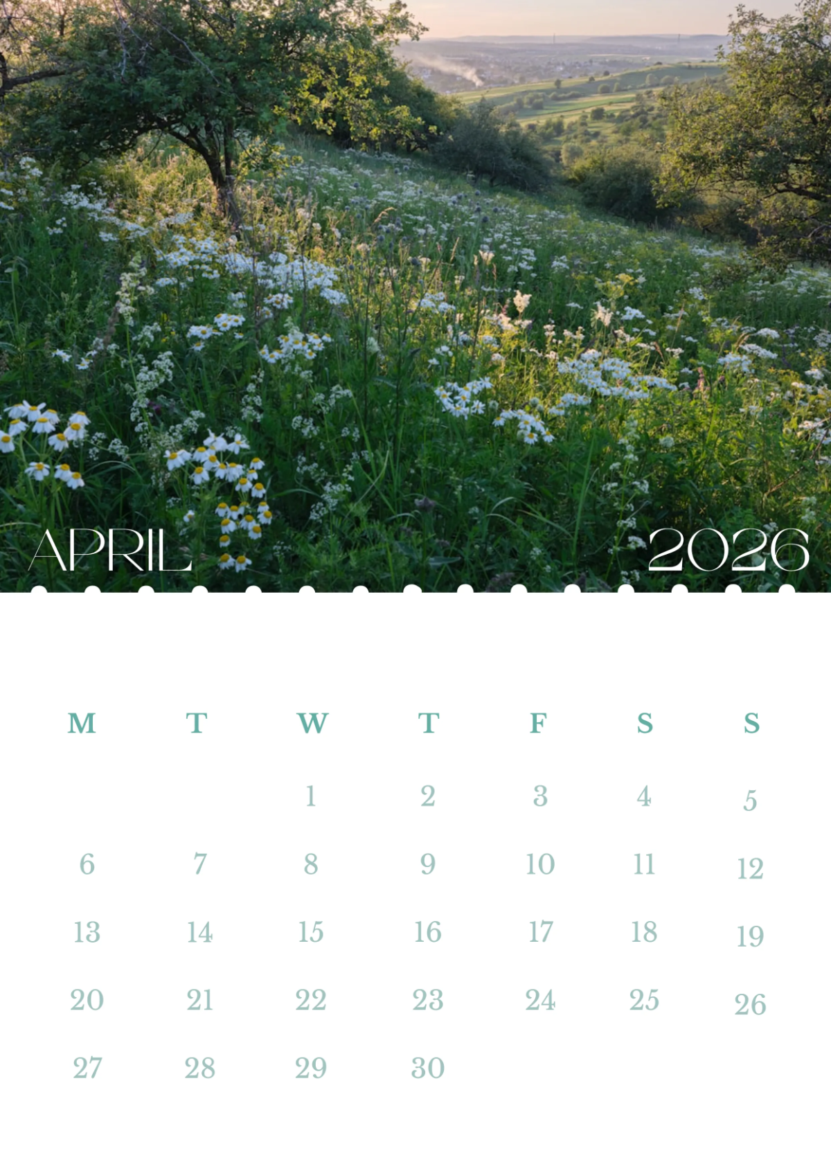 Free Meadows April 2026 Calendar Template to Edit Online