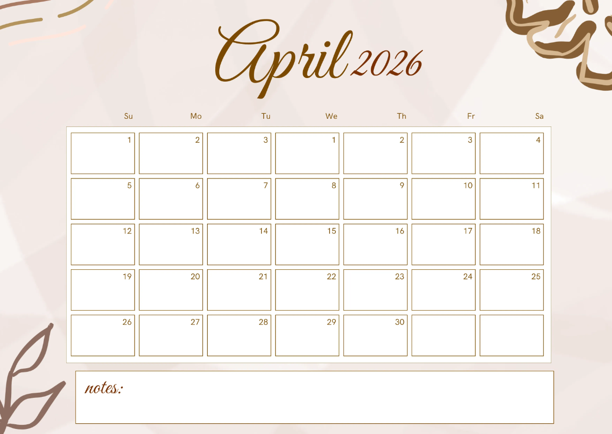 Free Aesthetic April 2026 Calendar Template to Edit Online