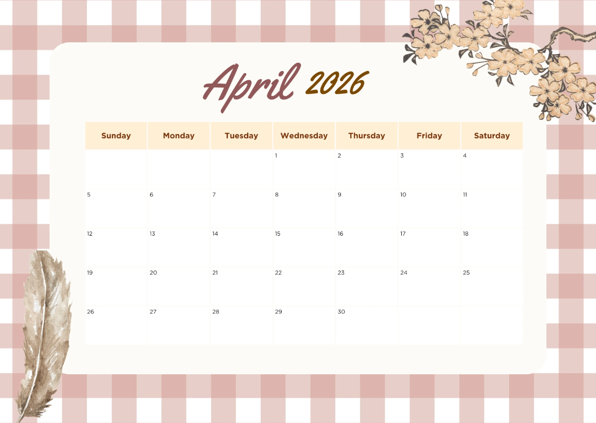 Free Classic April 2026 Calendar Template to Edit Online