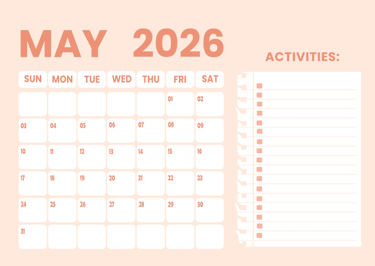Free May 2026 Activity Calendar Template to Edit Online