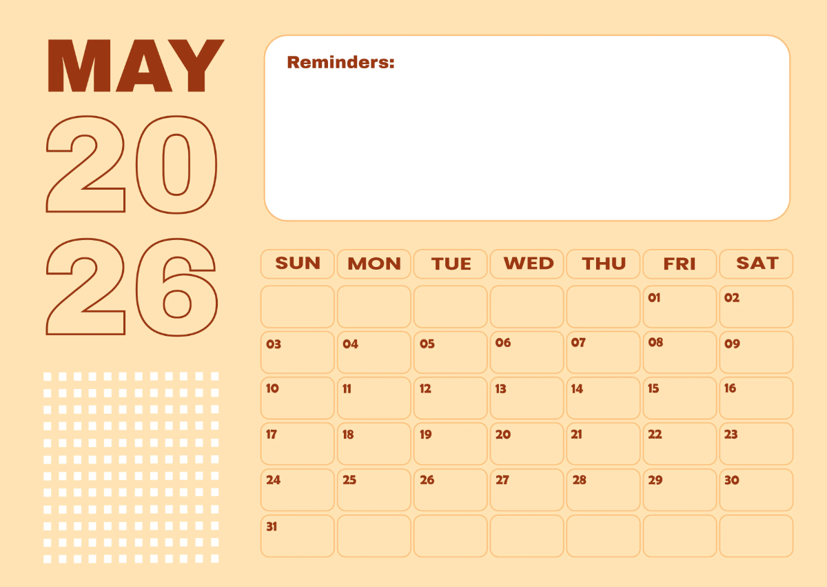 Free May 2026 Calendar with Reminders Template to Edit Online