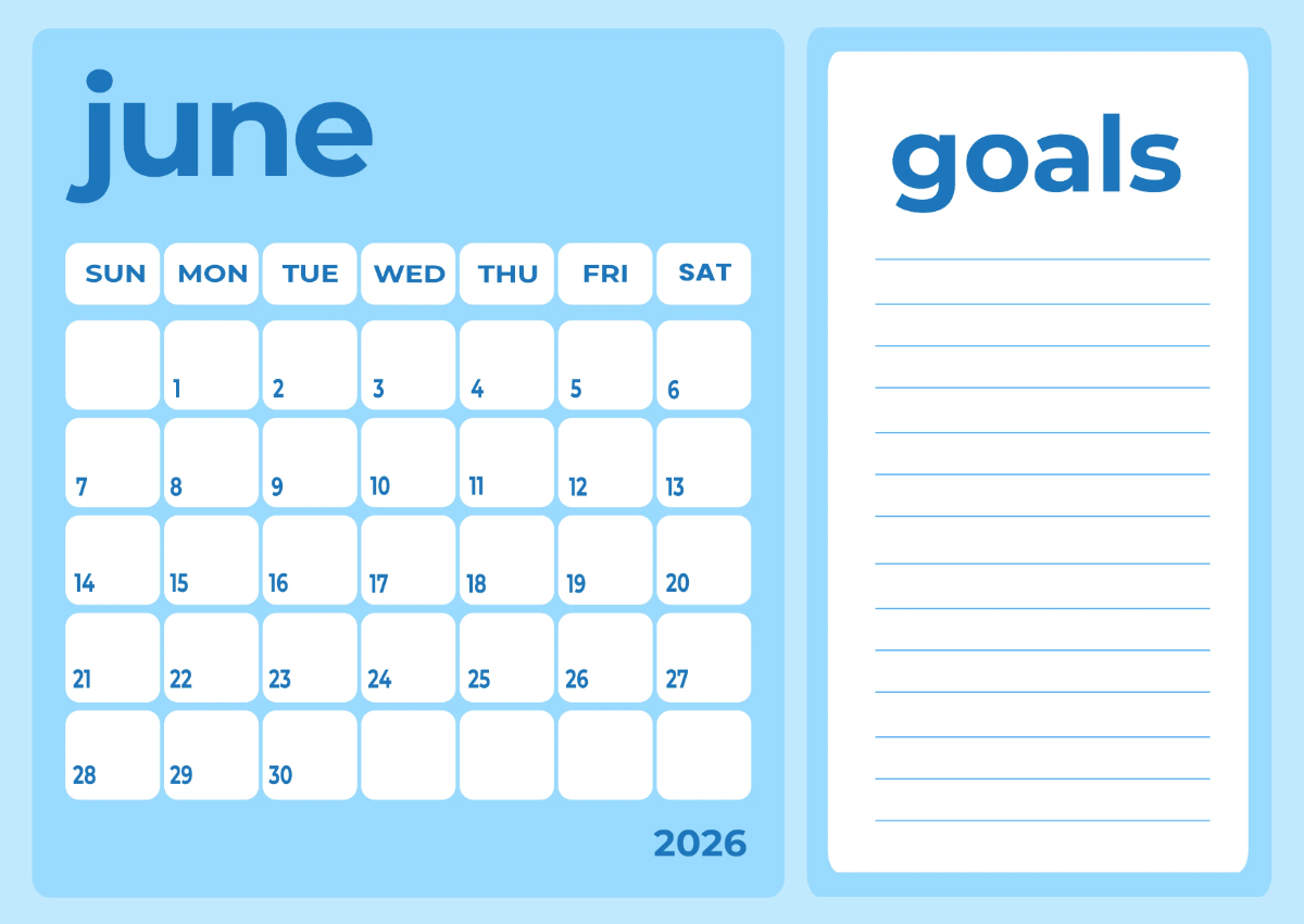 Free June 2026 Goals Calendar Template to Edit Online