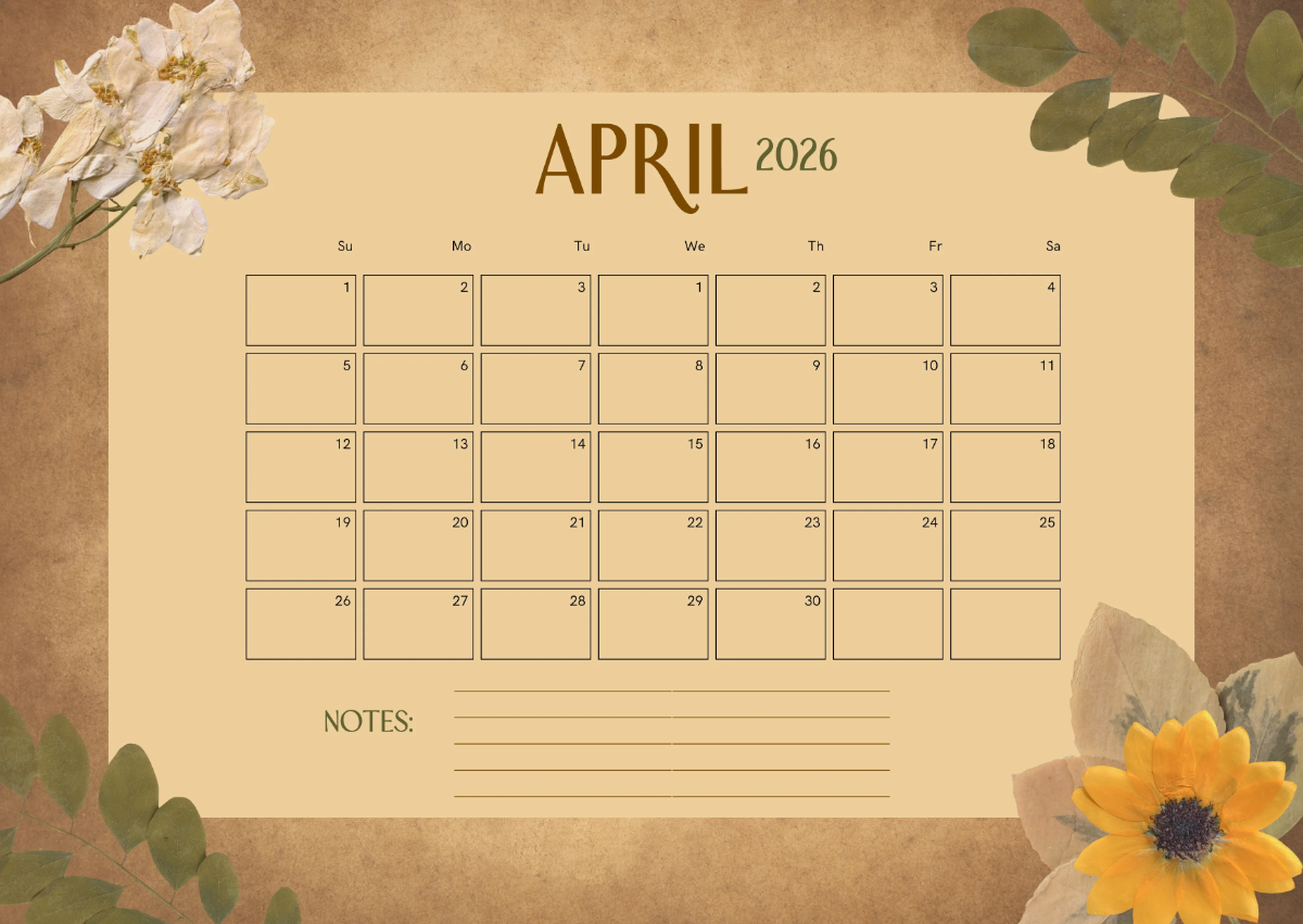 Free Vintage April 2026 Calendar Template to Edit Online
