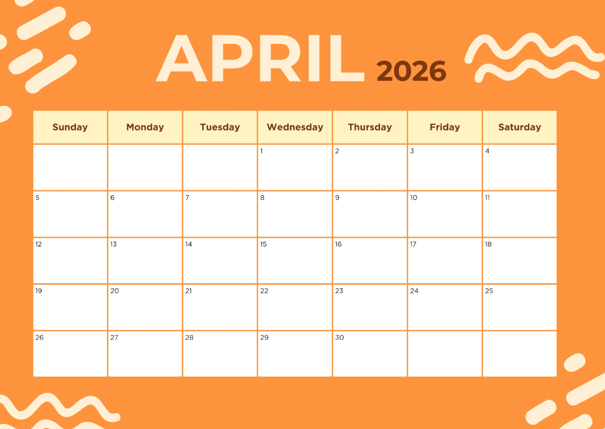 Free Simple April 2026 Calendar Template to Edit Online