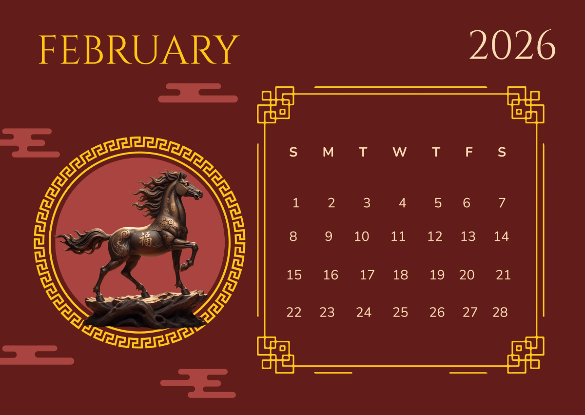 Free Horse Zodiac February 2026 Calendar Template to Edit Online