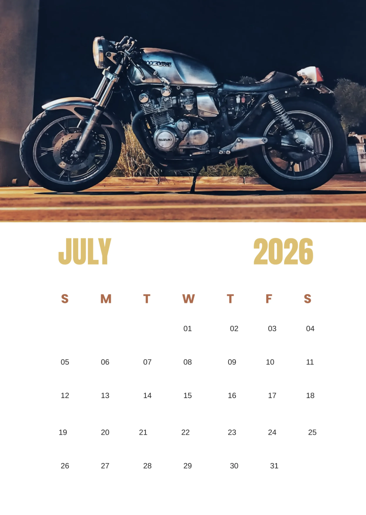 Free July 2026 Motorcycle Calendar Template to Edit Online