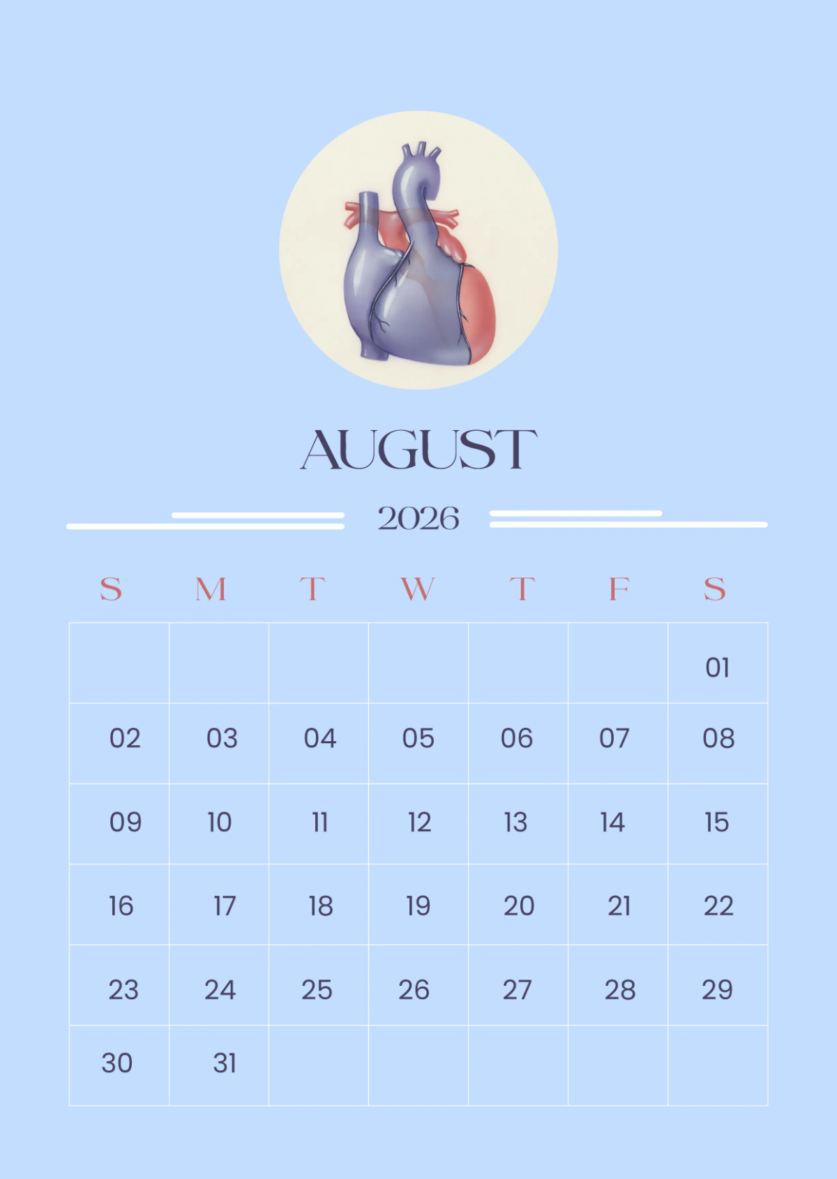 Free August 2026 Hospital Calendar Template to Edit Online