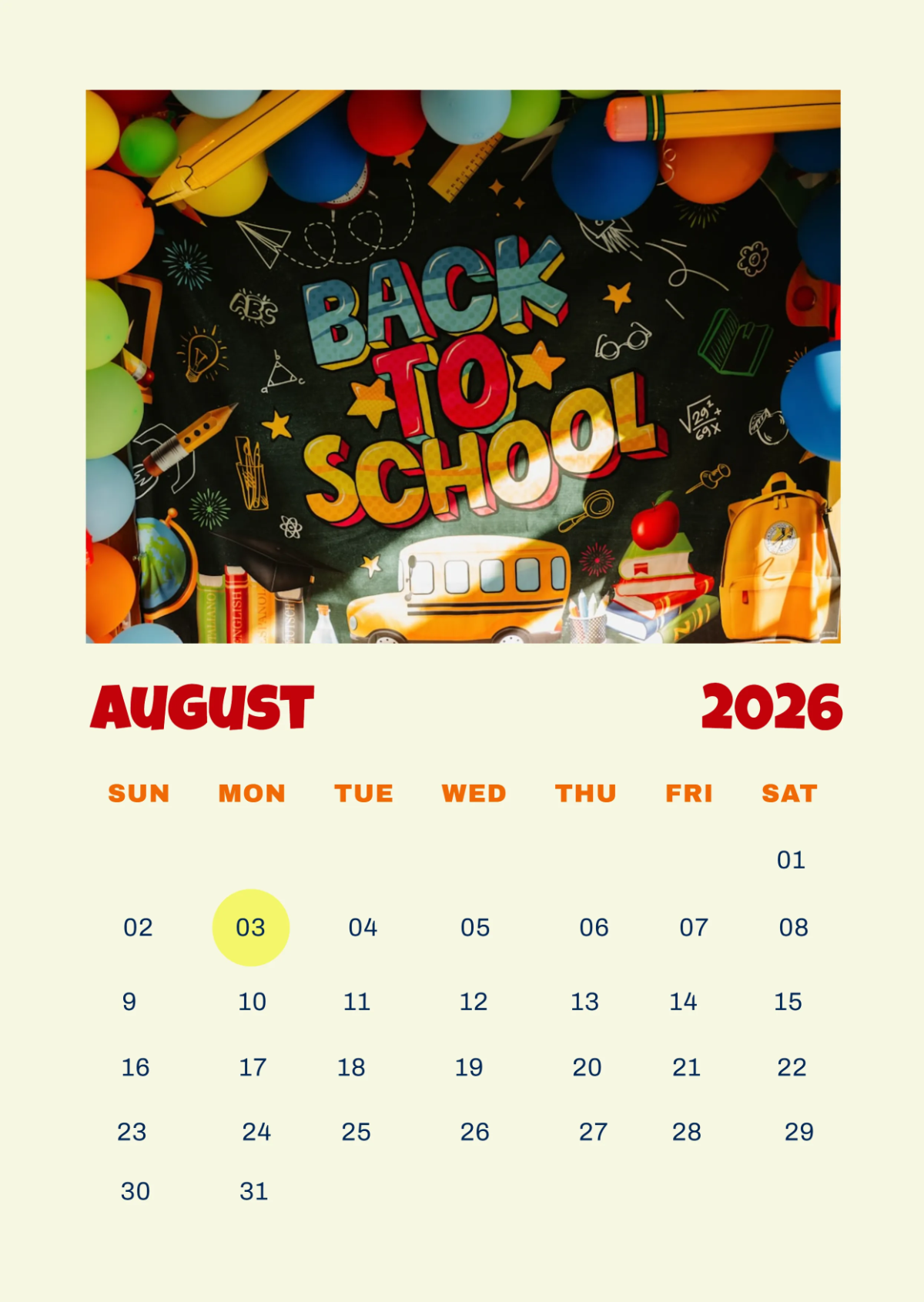 Free August 2026 Back to School Calendar Template to Edit Online