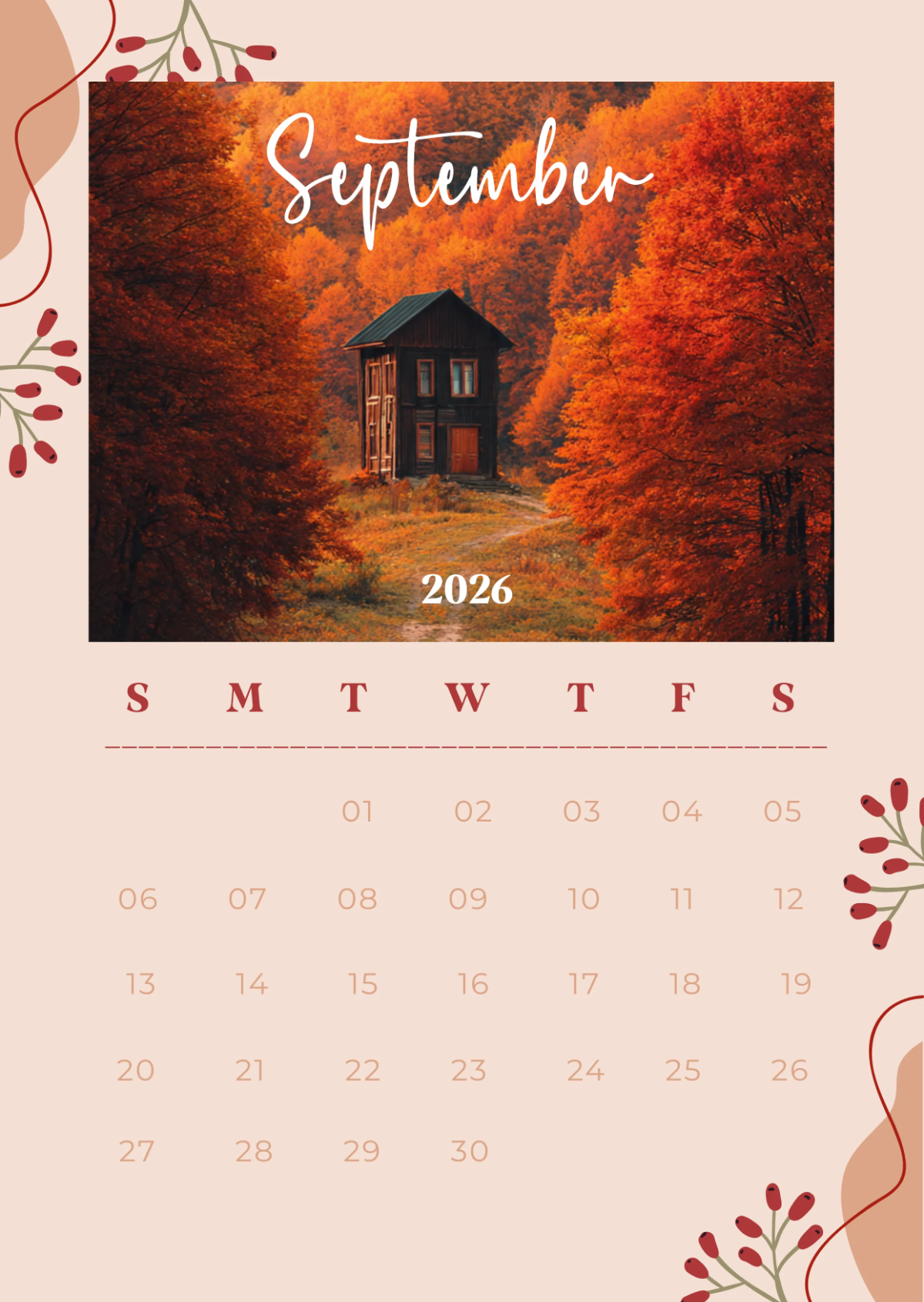 Free Aesthetic September 2026 Calendar Template to Edit Online