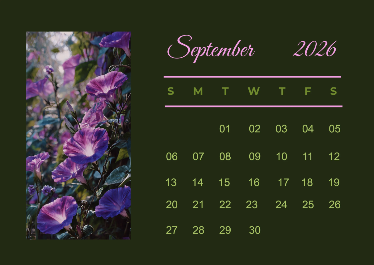 Free Morning Glory September 2026 Calendar Template to Edit Online