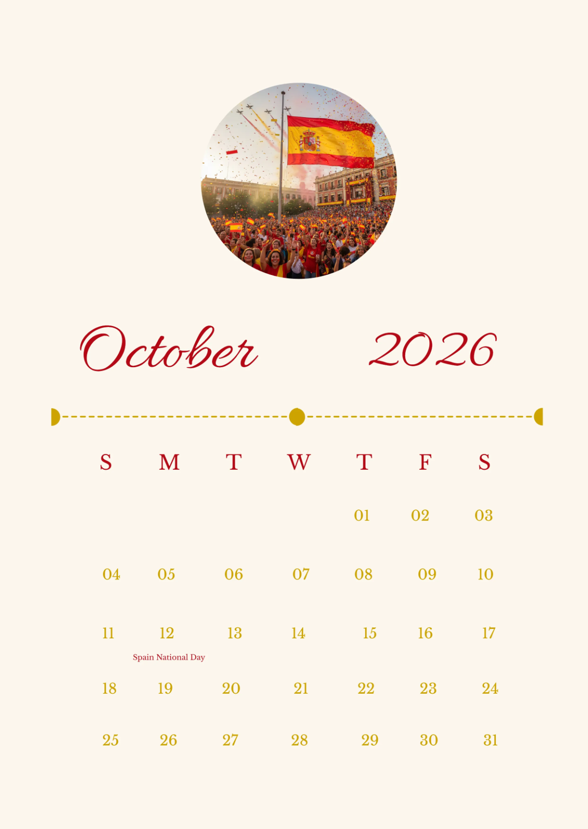 Free October 2026 Spain Calendar Template to Edit Online