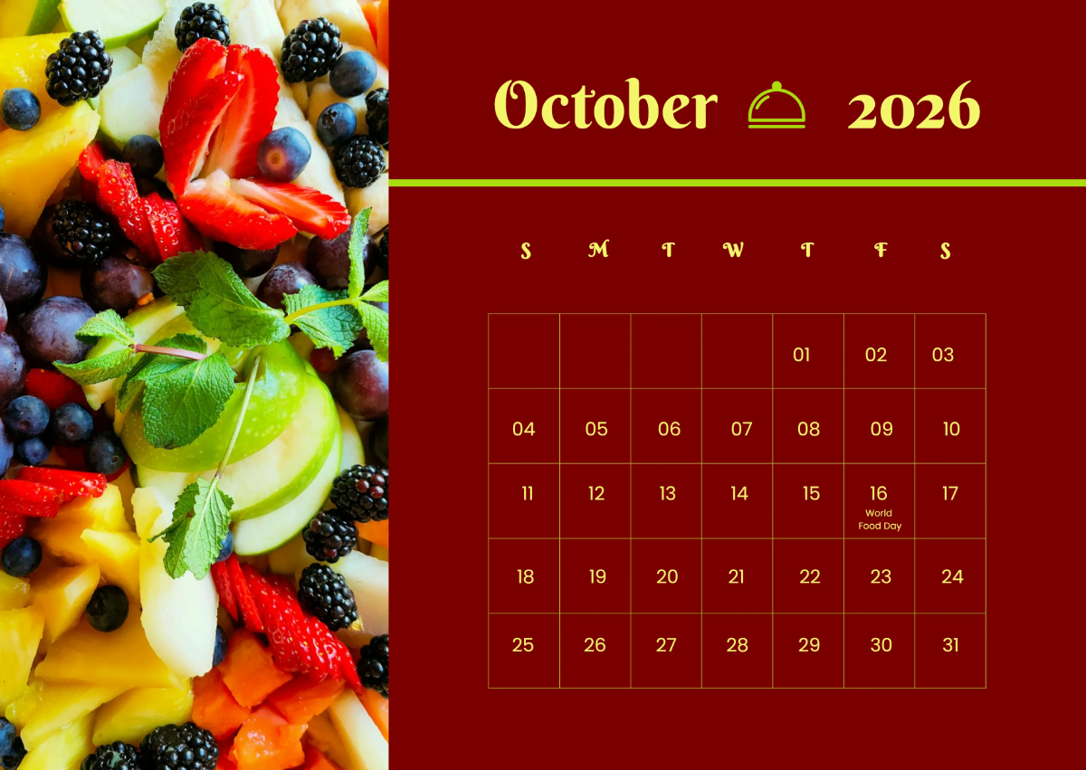 Free October 2026 Food Calendar Template to Edit Online