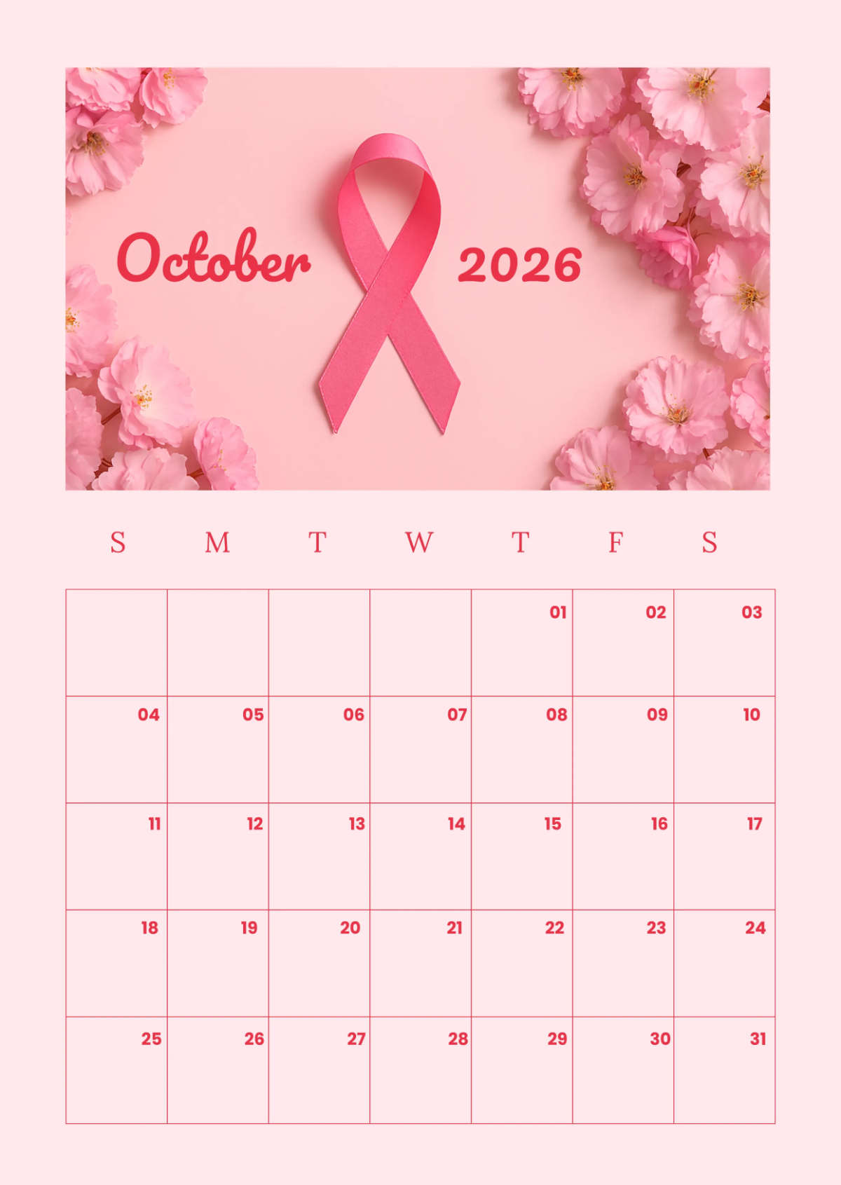 Free October 2026 Cancer Awareness Calendar Template to Edit Online