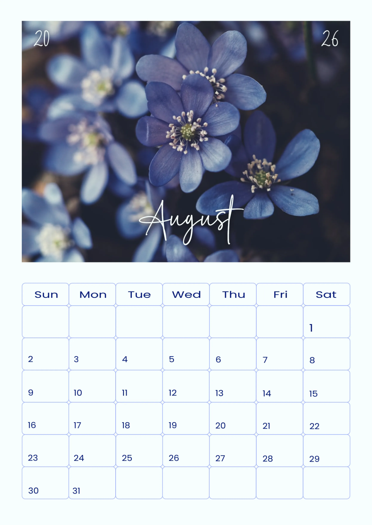 Free August 2026 Wall Calendar Template to Edit Online