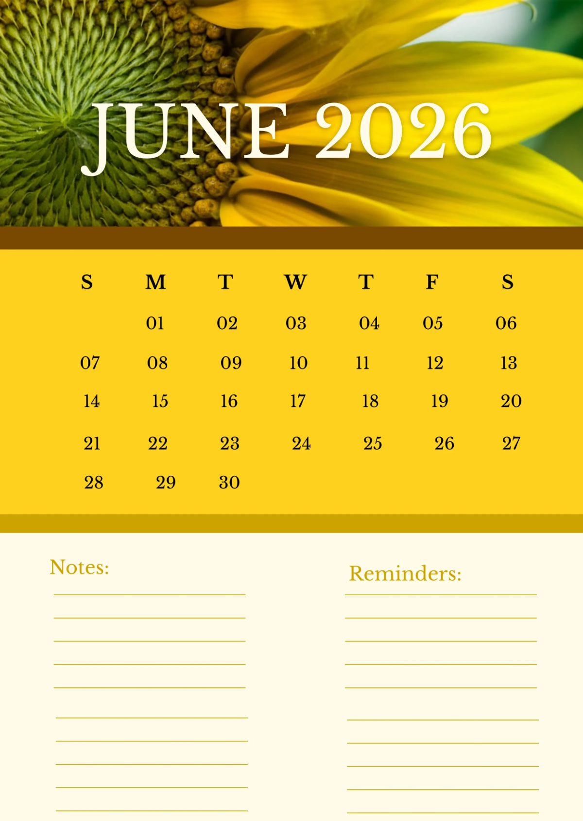 Free June 2026 Yellow Wall Calendar Template to Edit Online