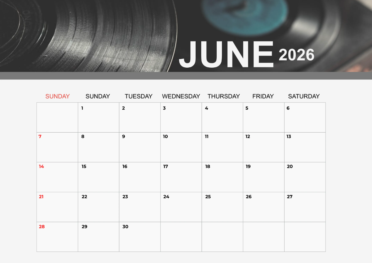 Free Classic June 2026 Calendar Template to Edit Online