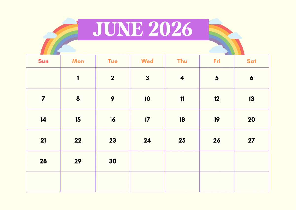 Free Rainbow June 2026 Calendar Template to Edit Online
